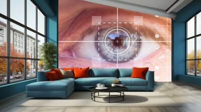 Eye monitoring and treatment in healthcare. Biometric scan of man eye closeup Wall mural