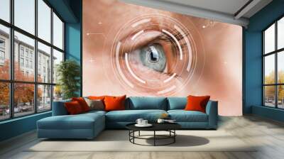 Eye monitoring and treatment in medical. Biometric scan of male eye closeup. Wall mural