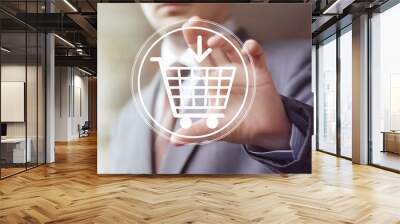 Hand press on shopping cart sign web icon Wall mural