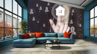 Man with touchscreen house network home web sign Wall mural