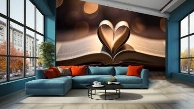 Close-up page of a book in heart vintage style, love of books with blur background generative AI technology Wall mural