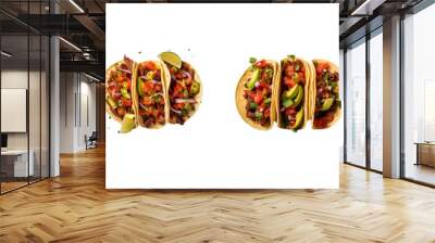 Set of Tacos with beef, tomatoes, avocado, chilli and onions isolated top view on transparent or white background Wall mural