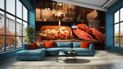 lobster and lobster sandwich served with wine. seafood dinner in a restaurant Wall mural