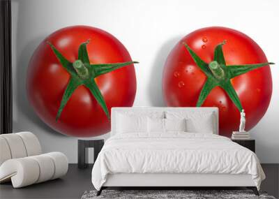 Single fresh ripe round tomato with sepal, with and without dewdrops, top view isolated png Wall mural