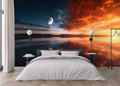 Day Meets Night, Surreal Landscape with Moon and Sunset Reflection Wall mural