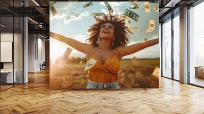 Joyful woman celebrating with falling money outdoors Wall mural