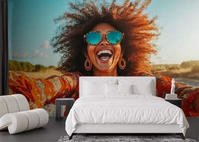 Joyful woman smiling outdoors in summer Wall mural