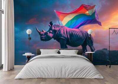 Rhino with Rainbow Flag on Rocky Landscape at Sunset Wall mural