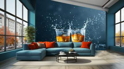 Two glasses of whiskey with ice splashing water Wall mural