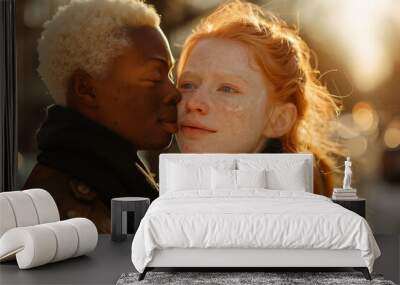 Two people, one with albinism in a candid street photo Wall mural