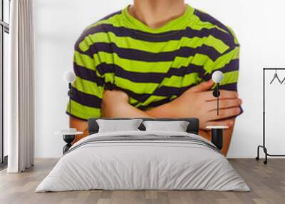 Blond boy in green striped shirt thinking looking up isolated wh Wall mural