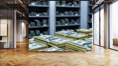 storage of paper money dollars in a bank general plan. business bank finance concept. large stacks of paper dollars money lie in a bank Wall mural