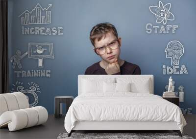 teen boy with glasses thoughtful portrait sketch icons set busin Wall mural