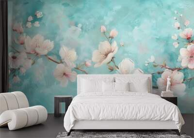 Pink cherry blossoms on a teal watercolor background Wall mural