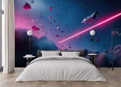 A battle scene between two spaceships, with laser fire and debris, highlighting the epic scale of space warfare. Wall mural