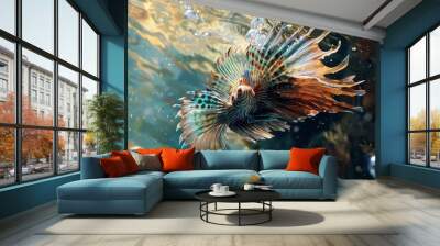 A beautiful predatory Pterois volitans swims in search of food in blue water. Wall mural