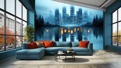 A blurry image of a city at night with the lights reflecting in the mist, emphasizing the feeling of mystery and intrigue. Wall mural