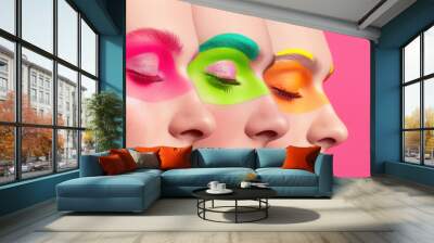 A bold neon makeup look emphasizing creativity and individuality, with vivid colors and avant-garde styling that makes a strong statement in beauty and fashion photography. Wall mural