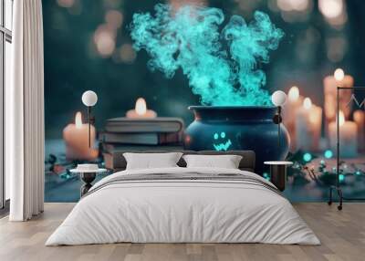 A bubbling cauldron filled with a glowing green potion surrounded by candles and spell books with a ghostly face swirling within the steam. Wall mural