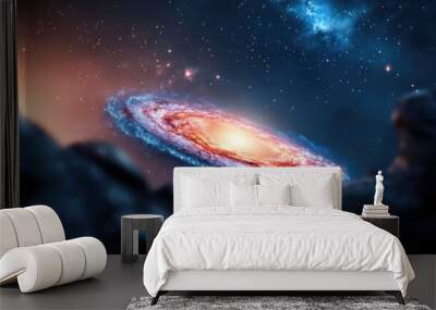 A celestial drama, depicting the birth of a galaxy from a swirling cloud of cosmic dust, guided by the gravitational pull of a black hole. Wall mural