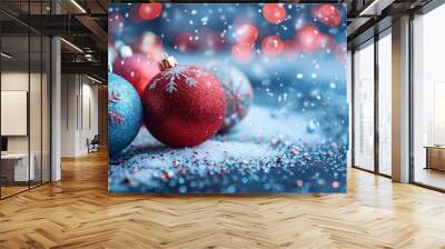 A Christmas background with snowflakes in blue and red, balls Wall mural