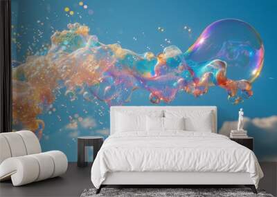 A close-up of a bubble wand blowing a large, iridescent bubble that reflects the surrounding environment as it rises into the sky. Wall mural