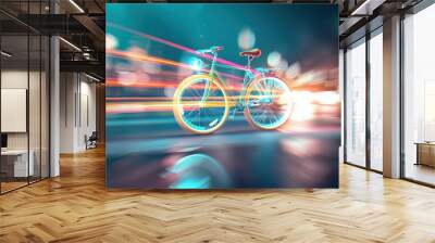 A colorful and abstract photograph of a bicycle leaving a trail of light as it moves through a dark urban environment. Wall mural