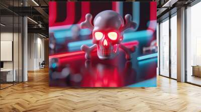 A conceptual image of a digital skull and crossbones hovering over a computer network, symbolizing the danger posed by cyber attacks and malware infections. Wall mural