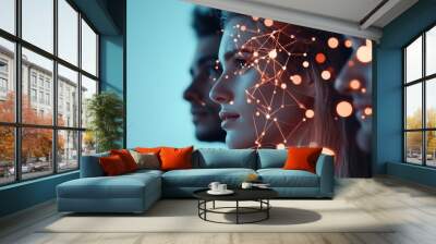 A diverse group of people from different cultures using a futuristic interface to communicate seamlessly across continents. Wall mural