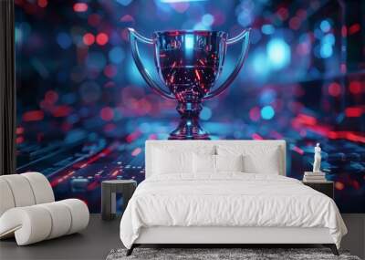 A futuristic 3D illustration of a digital trophy displayed on a holographic platform, representing a modern victory. Wall mural