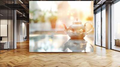 A gleaming silver teapot reflecting the warm glow of a kitchen countertop. Wall mural