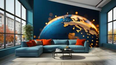 A globe with lines representing satellite connections, highlighting global communication networks. Wall mural