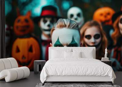 A group of classic horror characters gathered together in full Halloween costume attire, showcasing iconic figures from popular scary movies and folklore. Wall mural