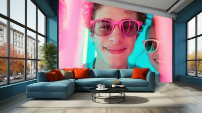 A group of friends posing playfully in a neon-lit photo booth, their expressions captured in vibrant colors that reflect their fun and lively personalities. Wall mural