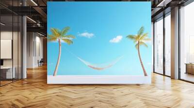 A hammock hanging between two palm trees on a tropical beach, swaying gently in the warm breeze, inviting relaxation and escape. Wall mural