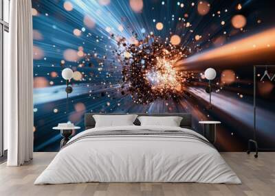 A high speed photograph of a particle collision occurring inside a particle accelerator, capturing the energy release. Wall mural