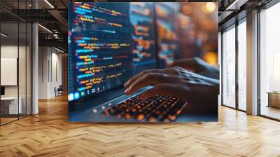 A person programming on a laptop, with code visible on the screen, highlighting logical sequences and systematic order in software development. Wall mural