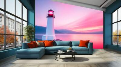 A picturesque lighthouse standing tall on a rocky headland with a dramatic sunset over the ocean. Wall mural