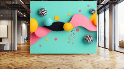 A playful and abstract illustration with balloons and streamers forming a vibrant and abstract pattern, with the text Happy New Year 2025 integrated seamlessly into the design. Wall mural