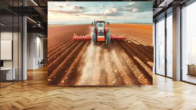 A powerful tractor pulling a plow through a freshly tilled field, showcasing the force and precision of modern farming equipment. Wall mural