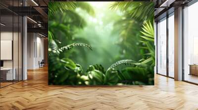 A serene rainforest setting with rich tropical flora, abundant biodiversity, and a sprawling canopy, inviting viewers to explore the vibrant and humid world of the jungle. Wall mural