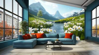 A serene river winding through a valley with vibrant wildflowers lining its banks and a towering mountain in the distance. Wall mural