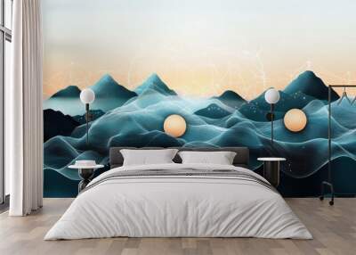 A surreal, abstract landscape, with interconnected lines representing the flow of information and energy, connecting all elements in a harmonious and interconnected system. Wall mural