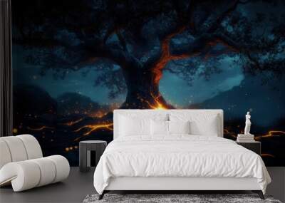 A surreal, mystical scene of a glowing, ancient tree with roots that intertwine with a network of luminous veins. Wall mural