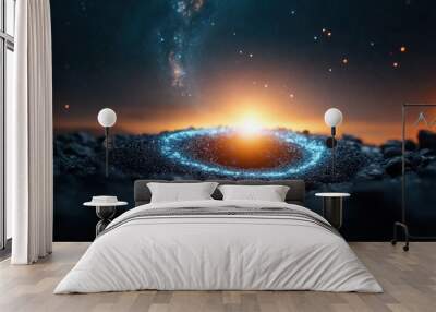 A swirling vortex of cosmic energy, illuminating a path through the vastness of space, revealing a hidden, surreal vision of the universe. Wall mural