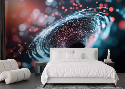 A swirling vortex of data points, represented by abstract shapes and lines, against a dark background. Wall mural