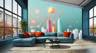 A symbolic illustration of real estate growth and financial success, with a graph showing upward trends and a cityscape backdrop reflecting economic development. The image offers ample copy space for Wall mural