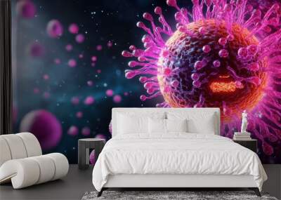 A vibrant illustration depicting the intricate structure of a human cell, highlighting the nucleus, mitochondria, and endoplasmic reticulum. Wall mural