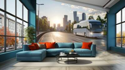 A white modern comfortable tourist bus travels through the city in bright sunlight. Travel and bus tourism concept. Wall mural