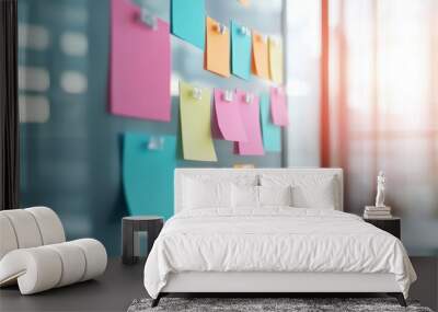 A whiteboard filled with colorful sketches and ideas, demonstrating the creative process of idea generation. Wall mural